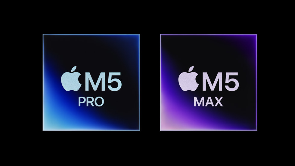 Grafisk illustration av Apple M5 Pro och M5 Max mot en svart bakgrund.
